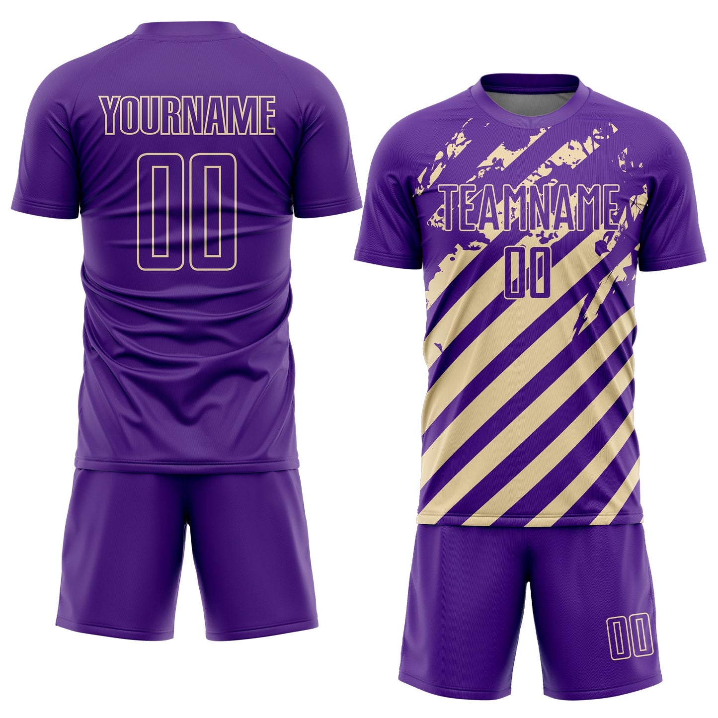 Custom Purple Cream Distressed Diagonal Stripe Pattern Sports Sublimation Soccer Uniform Jersey view 2
