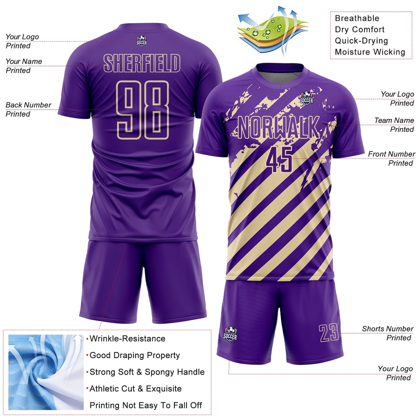 Custom Purple Cream Distressed Diagonal Stripe Pattern Sports Sublimation Soccer Uniform Jersey view 4