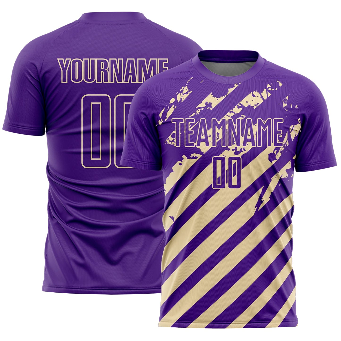 Custom Purple Cream Distressed Diagonal Stripe Pattern Sports Sublimation Soccer Uniform Jersey - Main View