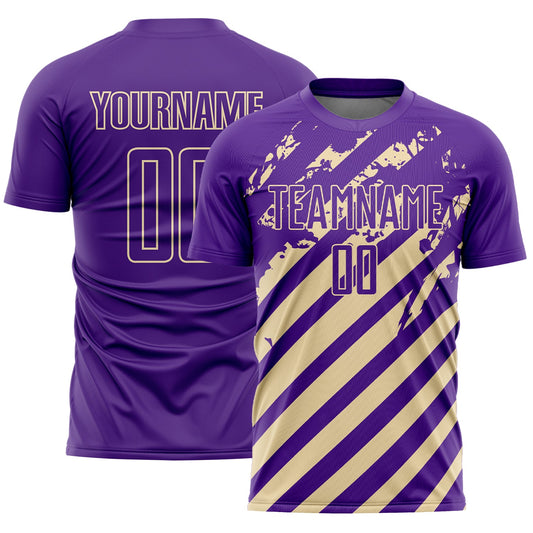 Custom Purple Cream Distressed Diagonal Stripe Pattern Sports Sublimation Soccer Uniform Jersey - Main View