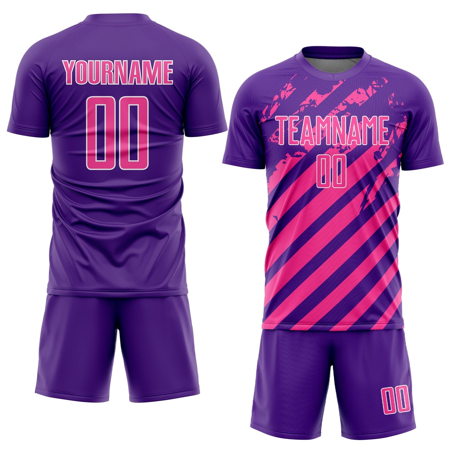 Custom Purple Pink-White Distressed Diagonal Stripe Pattern Sports Sublimation Soccer Uniform Jersey view 2