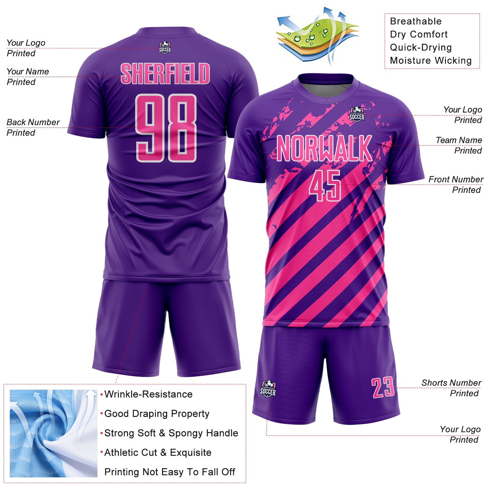 Custom Purple Pink-White Distressed Diagonal Stripe Pattern Sports Sublimation Soccer Uniform Jersey view 4