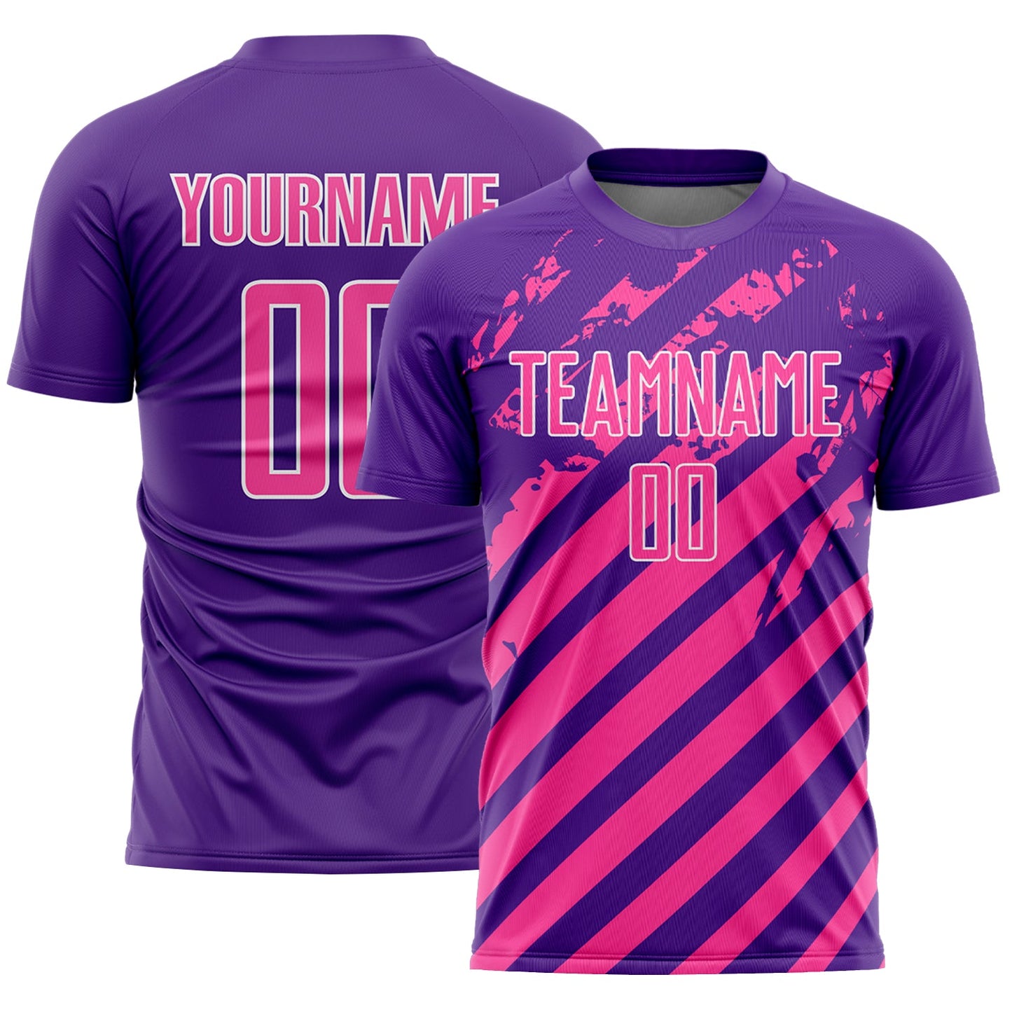 Custom Purple Pink-White Distressed Diagonal Stripe Pattern Sports Sublimation Soccer Uniform Jersey - Main View