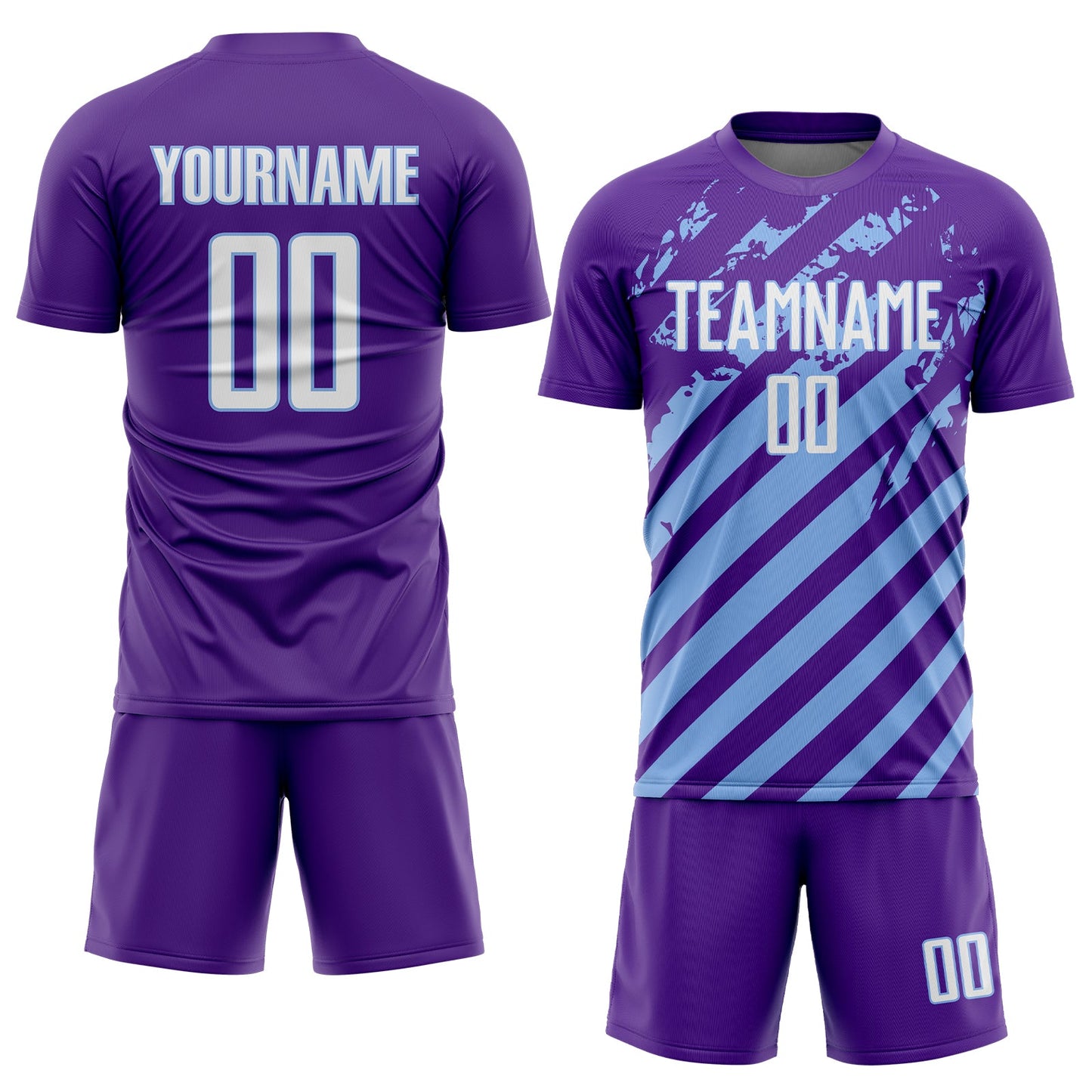 Custom Purple White-Light Blue Distressed Diagonal Stripe Pattern Sports Sublimation Soccer Uniform Jersey view 2