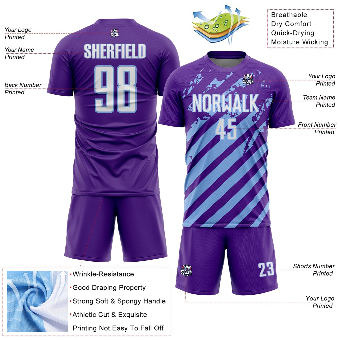 Custom Purple White-Light Blue Distressed Diagonal Stripe Pattern Sports Sublimation Soccer Uniform Jersey view 4