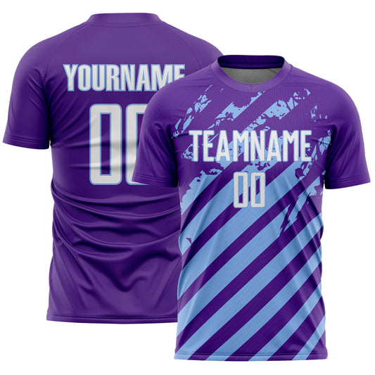 Custom Purple White-Light Blue Distressed Diagonal Stripe Pattern Sports Sublimation Soccer Uniform Jersey - Main View
