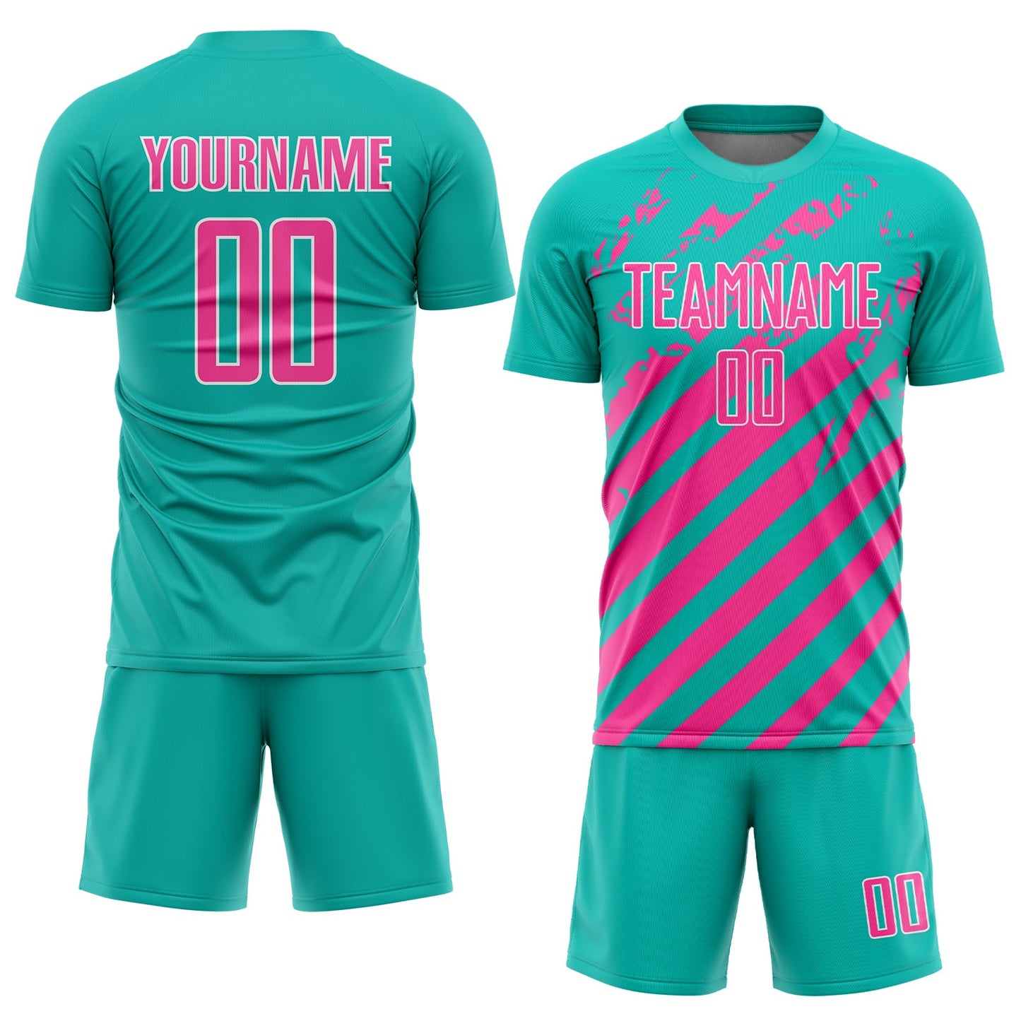 Custom Aqua Pink-White Distressed Diagonal Stripe Pattern Sports Sublimation Soccer Uniform Jersey view 2