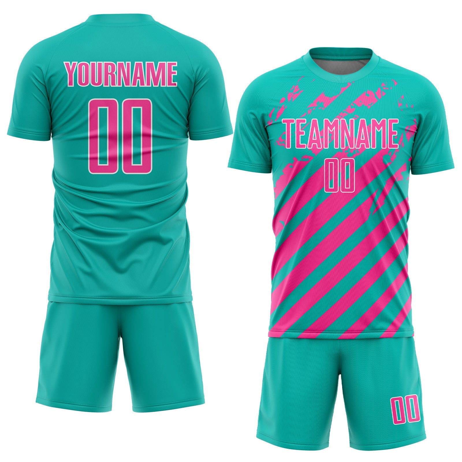 Custom Aqua Pink-White Distressed Diagonal Stripe Pattern Sports Sublimation Soccer Uniform Jersey view 2