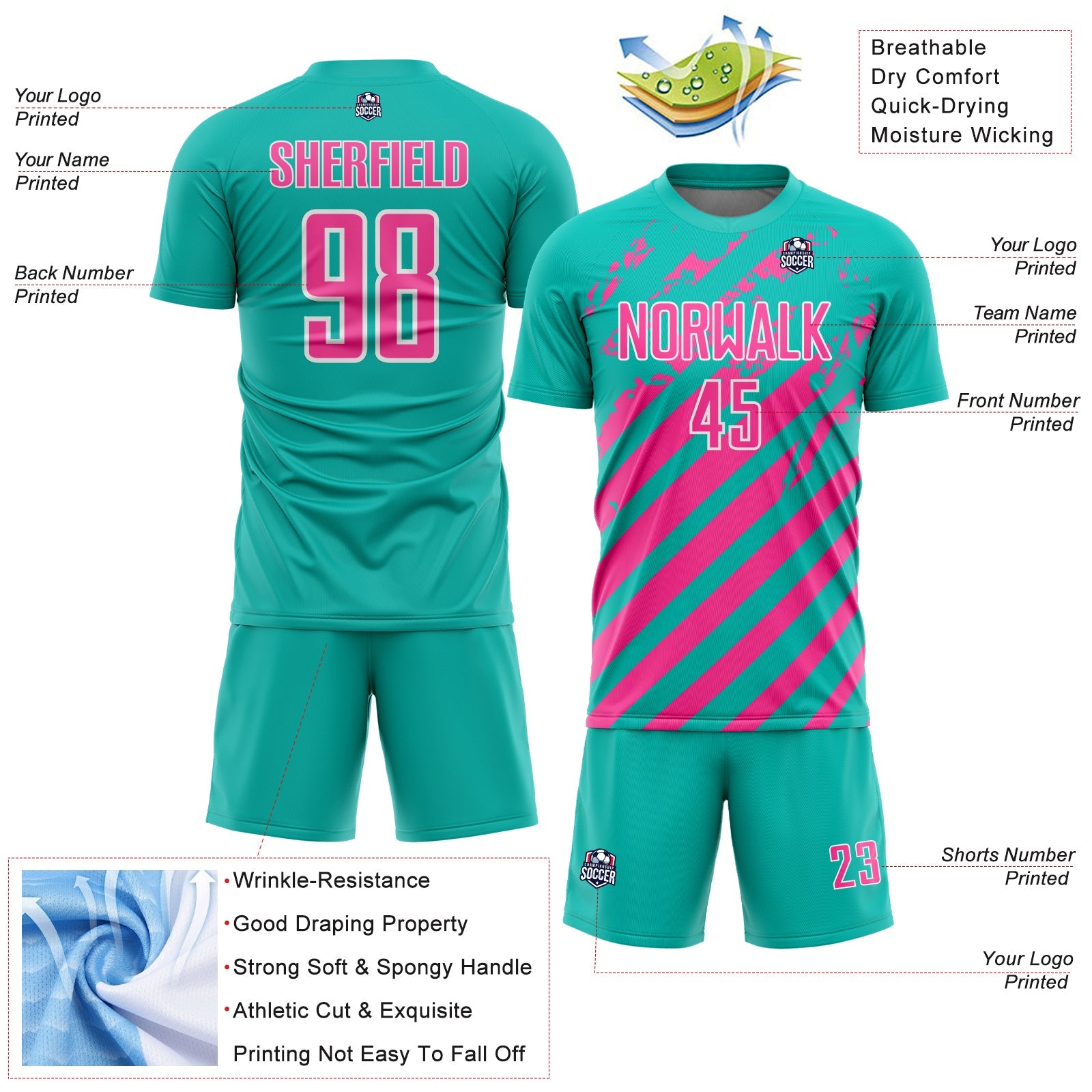 Custom Aqua Pink-White Distressed Diagonal Stripe Pattern Sports Sublimation Soccer Uniform Jersey view 4