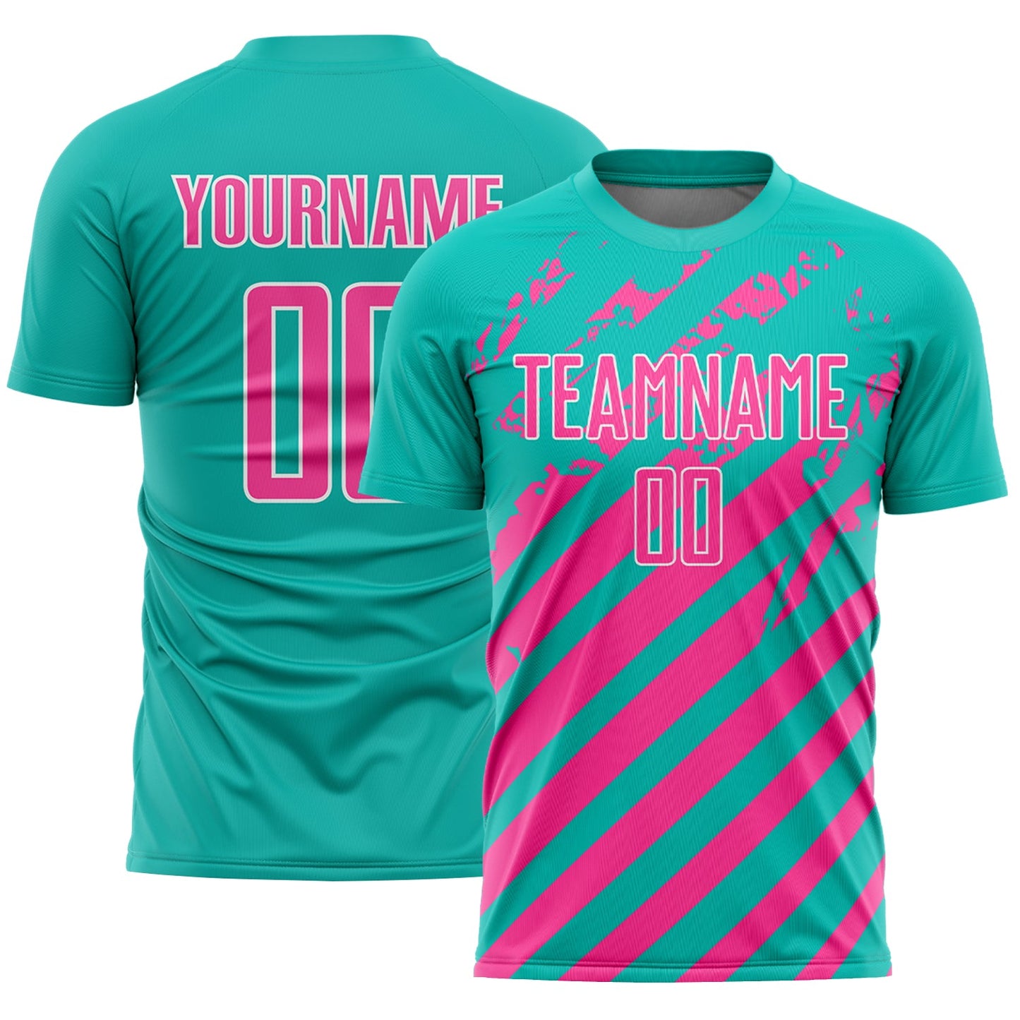 Custom Aqua Pink-White Distressed Diagonal Stripe Pattern Sports Sublimation Soccer Uniform Jersey - Main View