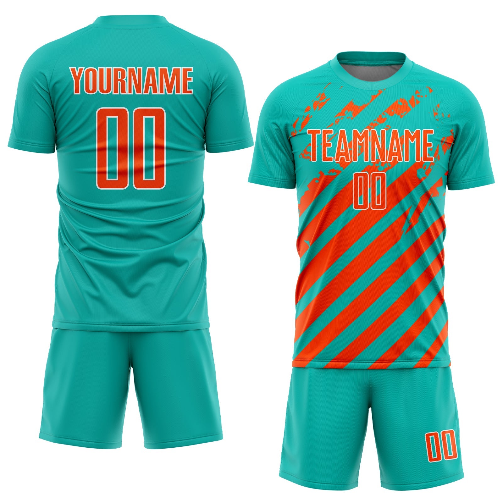 Custom Aqua Orange-White Distressed Diagonal Stripe Pattern Sports Sublimation Soccer Uniform Jersey view 2