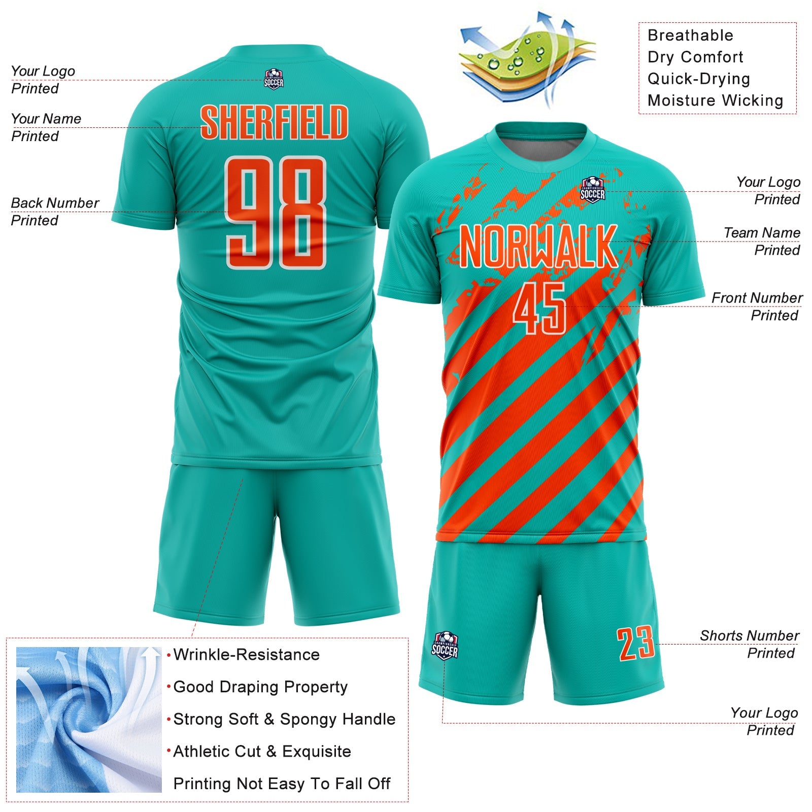 Custom Aqua Orange-White Distressed Diagonal Stripe Pattern Sports Sublimation Soccer Uniform Jersey view 4
