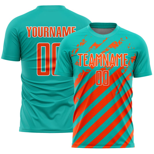 Custom Aqua Orange-White Distressed Diagonal Stripe Pattern Sports Sublimation Soccer Uniform Jersey - Main View