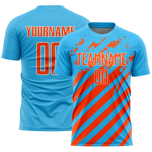 Custom Sky Blue Orange-White Distressed Diagonal Stripe Pattern Sports Sublimation Soccer Uniform Jersey - Main View