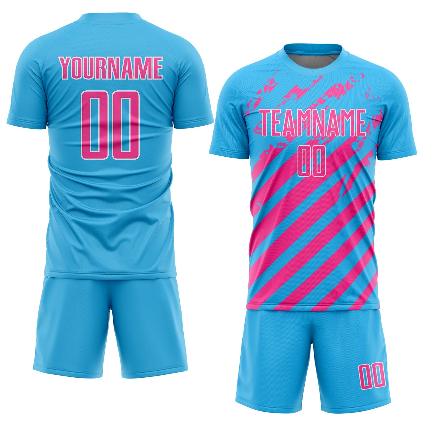 Custom Sky Blue Pink-White Distressed Diagonal Stripe Pattern Sports Sublimation Soccer Uniform Jersey view 2