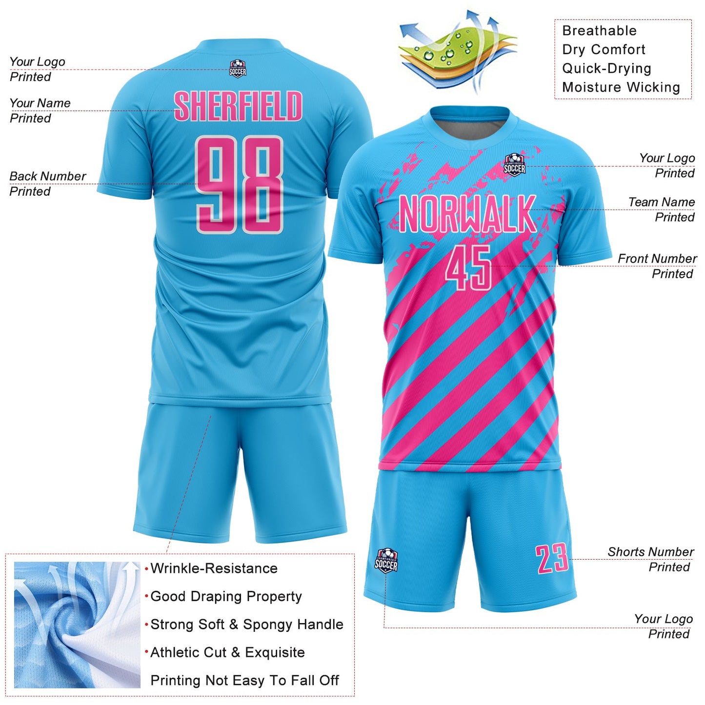 Custom Sky Blue Pink-White Distressed Diagonal Stripe Pattern Sports Sublimation Soccer Uniform Jersey view 4