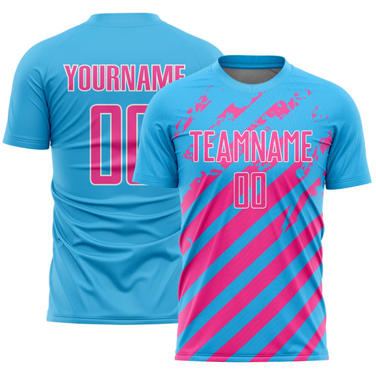Custom Sky Blue Pink-White Distressed Diagonal Stripe Pattern Sports Sublimation Soccer Uniform Jersey - Main View