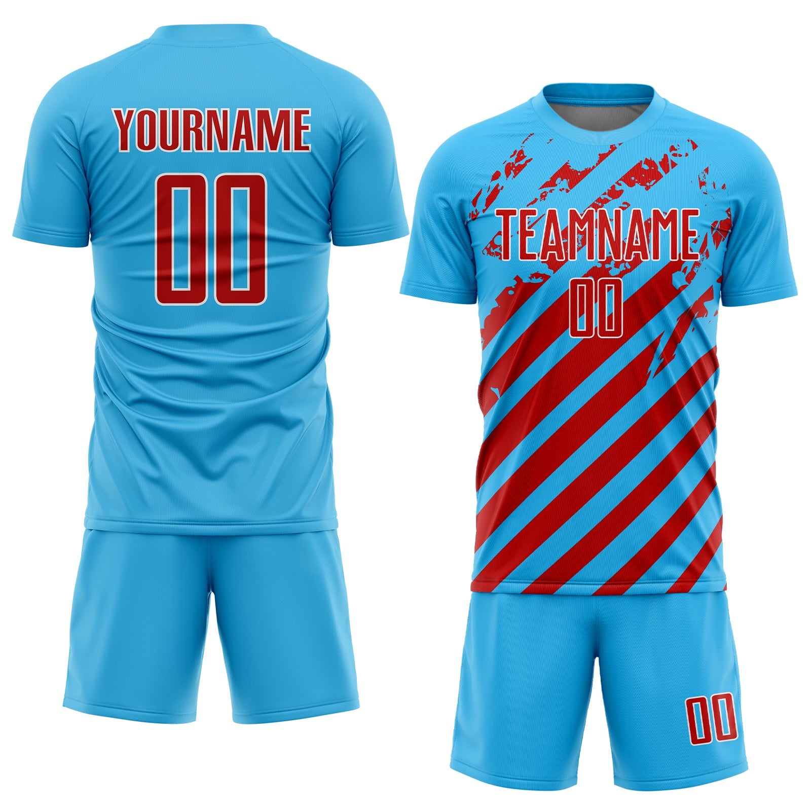 Custom Sky Blue Red-White Distressed Diagonal Stripe Pattern Sports Sublimation Soccer Uniform Jersey view 2