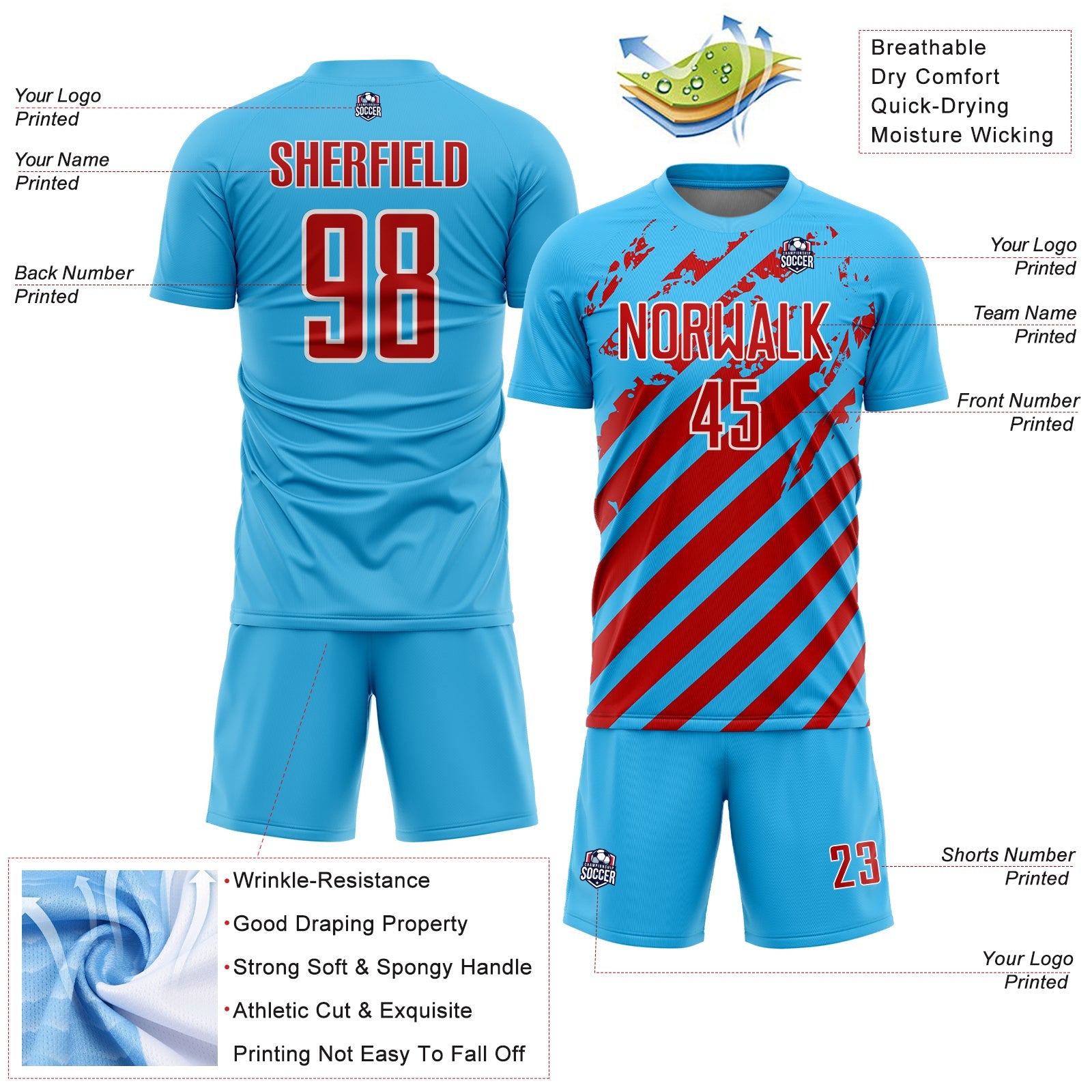 Custom Sky Blue Red-White Distressed Diagonal Stripe Pattern Sports Sublimation Soccer Uniform Jersey view 4