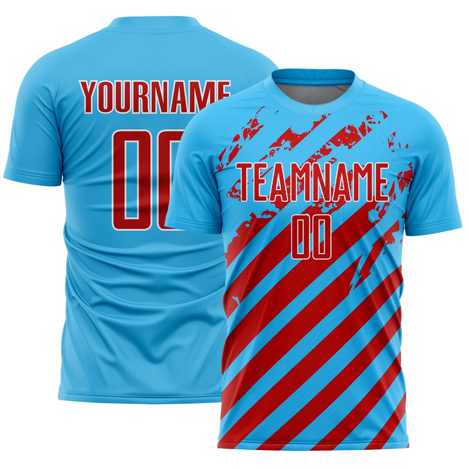 Custom Sky Blue Red-White Distressed Diagonal Stripe Pattern Sports Sublimation Soccer Uniform Jersey - Main View