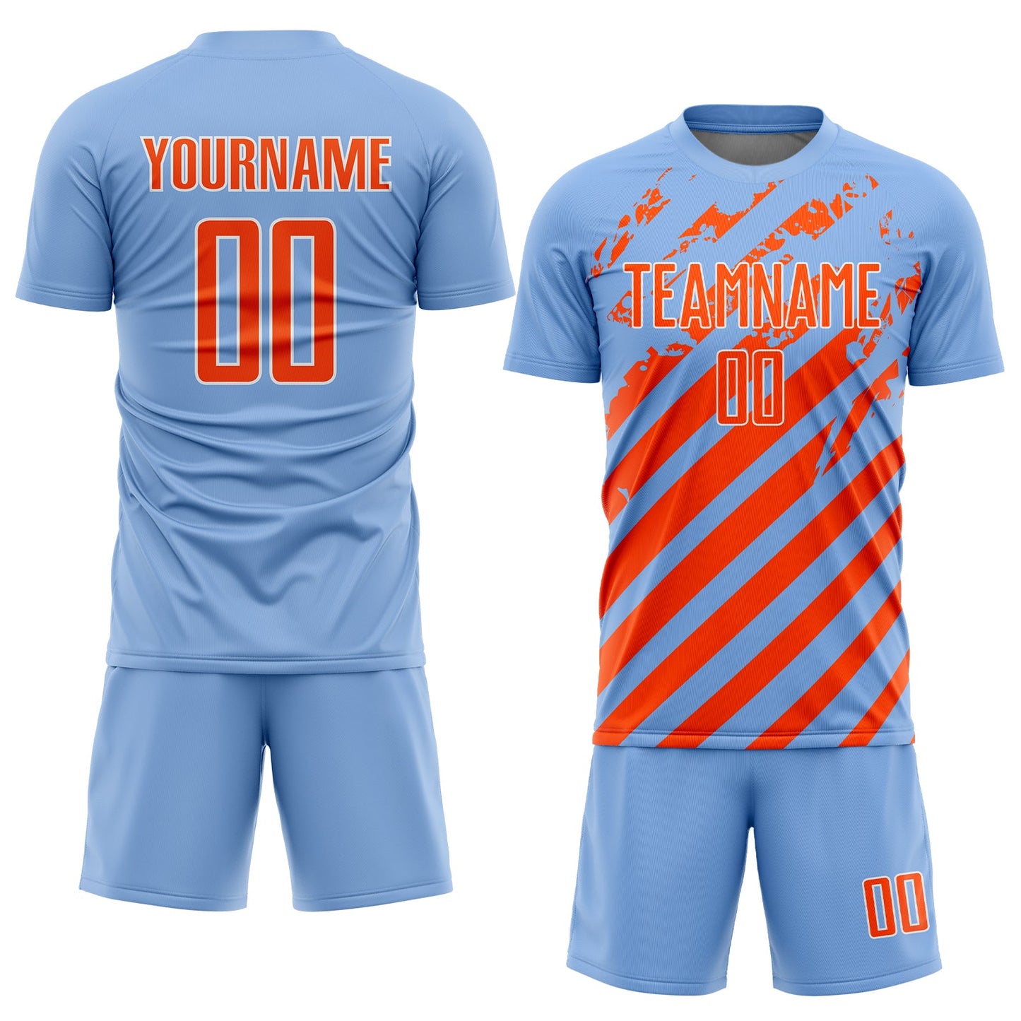 Custom Light Blue Orange-White Distressed Diagonal Stripe Pattern Sports Sublimation Soccer Uniform Jersey view 2
