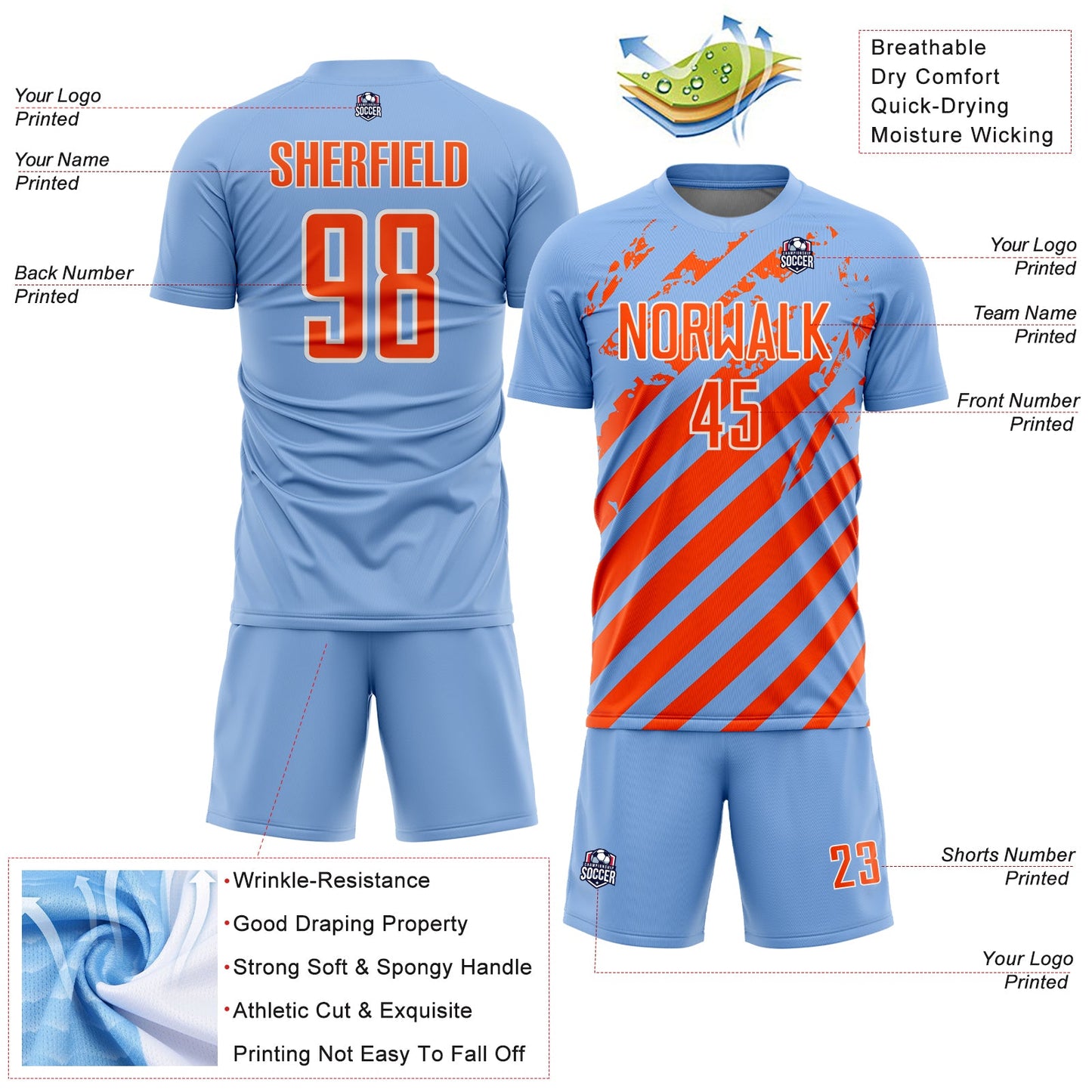 Custom Light Blue Orange-White Distressed Diagonal Stripe Pattern Sports Sublimation Soccer Uniform Jersey view 4