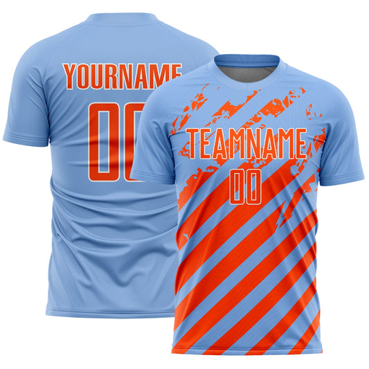 Custom Light Blue Orange-White Distressed Diagonal Stripe Pattern Sports Sublimation Soccer Uniform Jersey - Main View