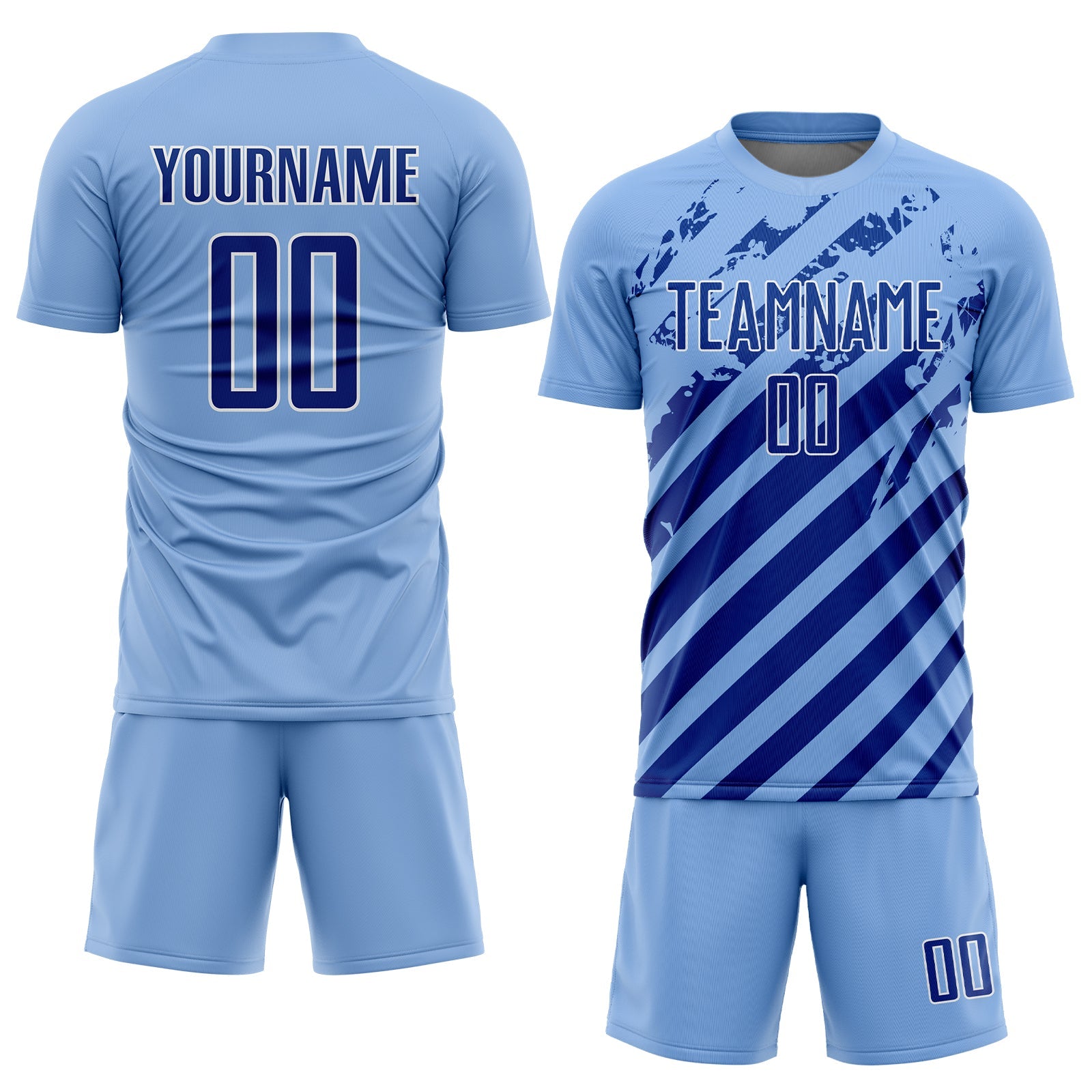 Custom Light Blue Royal-White Distressed Diagonal Stripe Pattern Sports Sublimation Soccer Uniform Jersey view 2