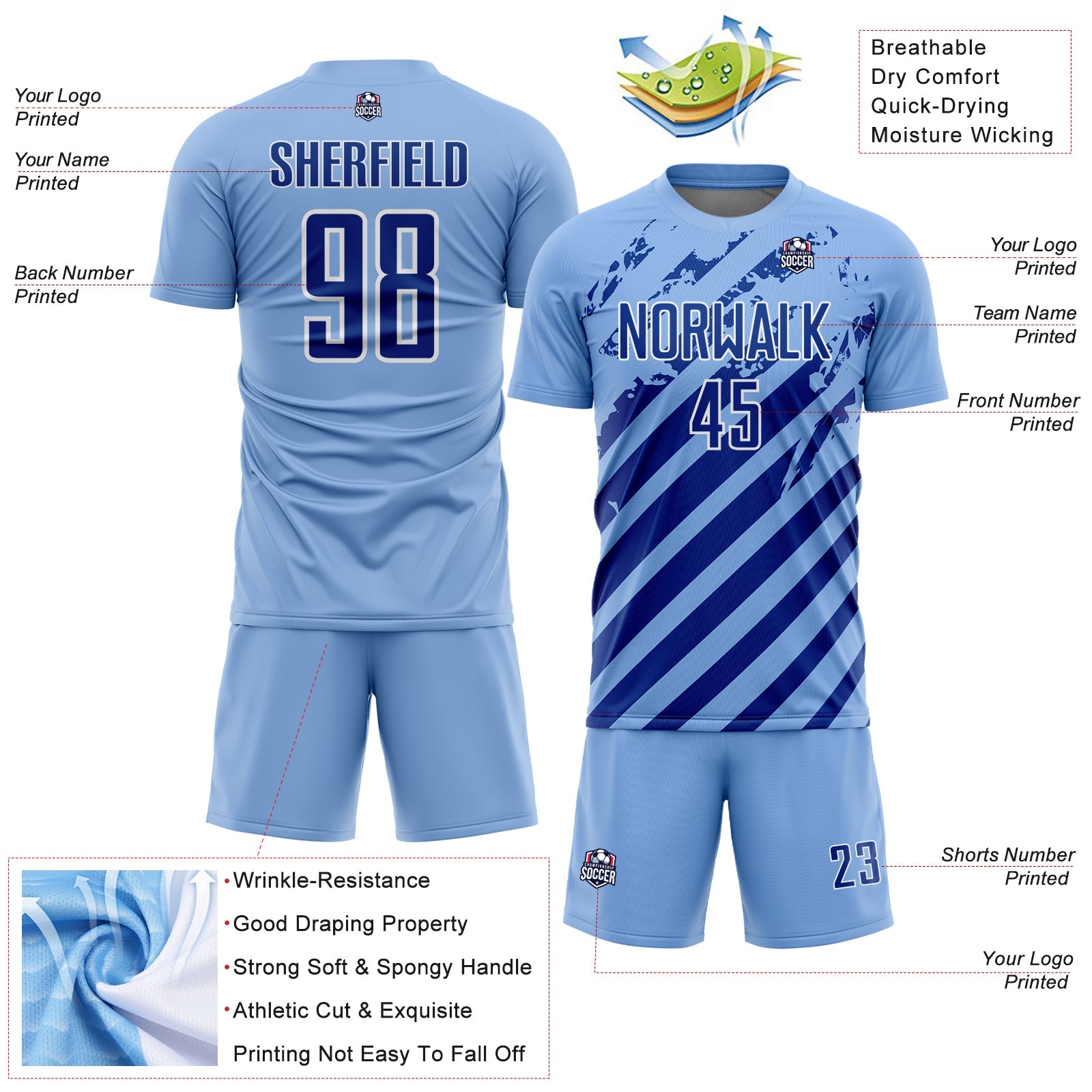 Custom Light Blue Royal-White Distressed Diagonal Stripe Pattern Sports Sublimation Soccer Uniform Jersey view 4
