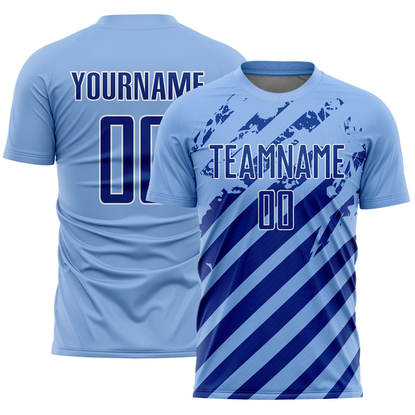 Custom Light Blue Royal-White Distressed Diagonal Stripe Pattern Sports Sublimation Soccer Uniform Jersey - Main View