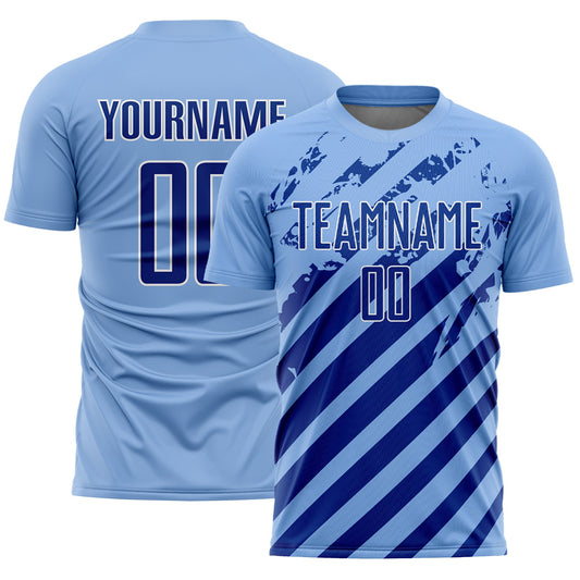 Custom Light Blue Royal-White Distressed Diagonal Stripe Pattern Sports Sublimation Soccer Uniform Jersey - Main View