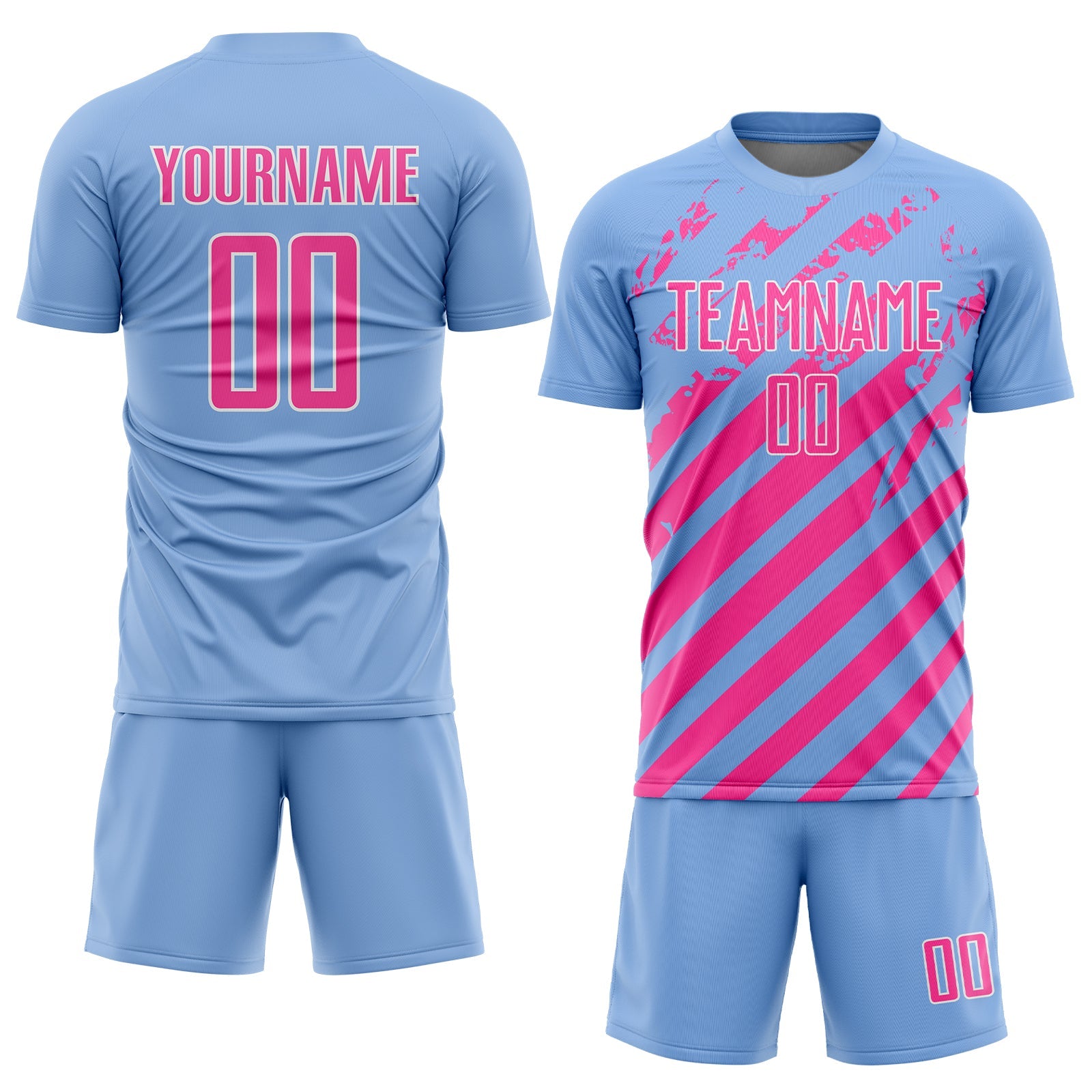 Custom Light Blue Pink-White Distressed Diagonal Stripe Pattern Sports Sublimation Soccer Uniform Jersey view 2