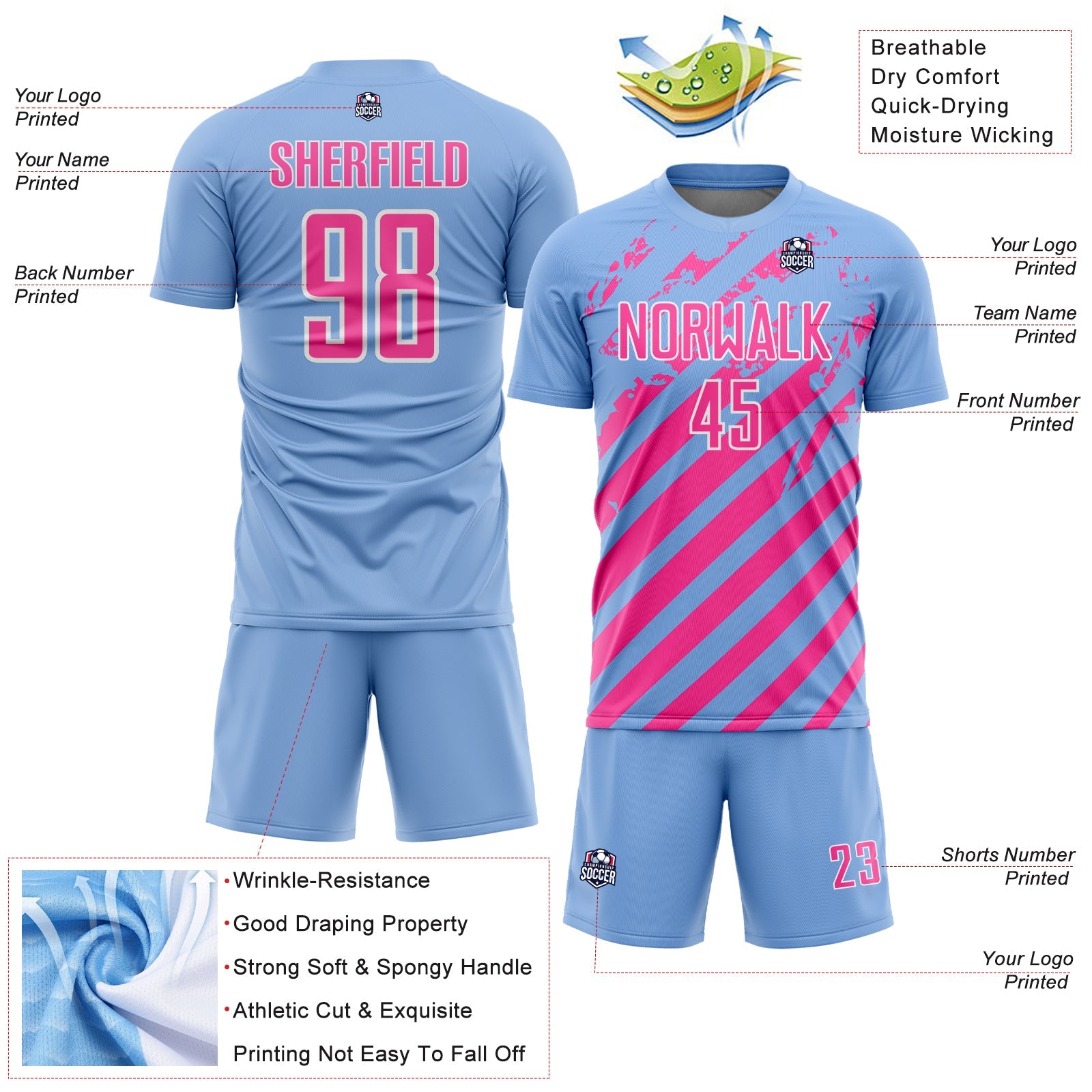 Custom Light Blue Pink-White Distressed Diagonal Stripe Pattern Sports Sublimation Soccer Uniform Jersey view 4