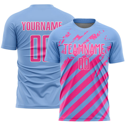Custom Light Blue Pink-White Distressed Diagonal Stripe Pattern Sports Sublimation Soccer Uniform Jersey - Main View