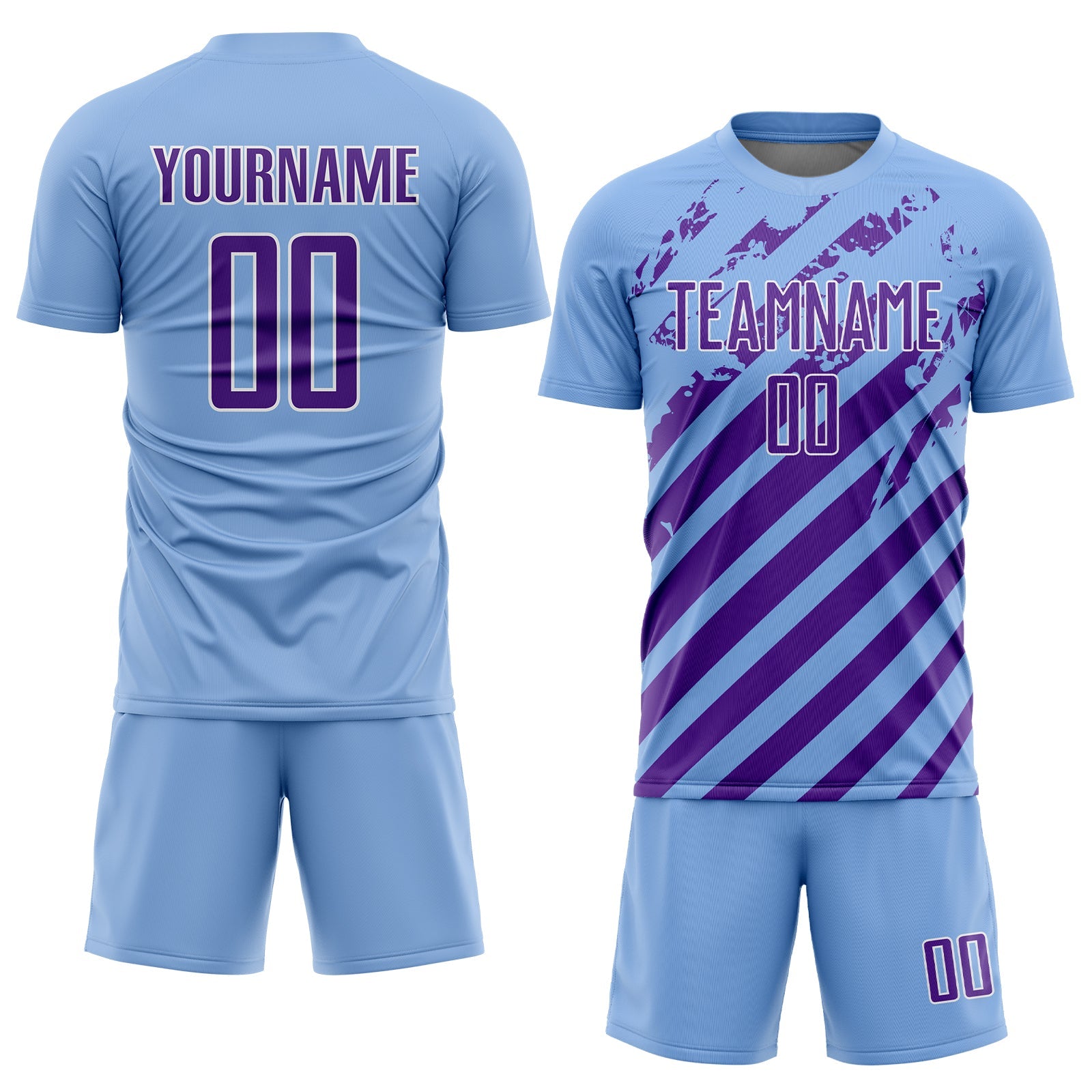 Custom Light Blue Purple-White Distressed Diagonal Stripe Pattern Sports Sublimation Soccer Uniform Jersey view 2