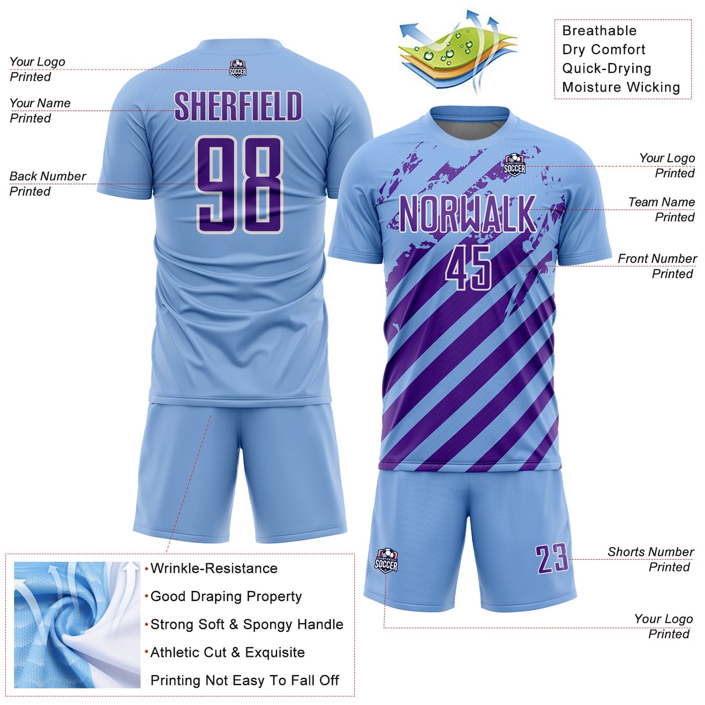 Custom Light Blue Purple-White Distressed Diagonal Stripe Pattern Sports Sublimation Soccer Uniform Jersey view 4