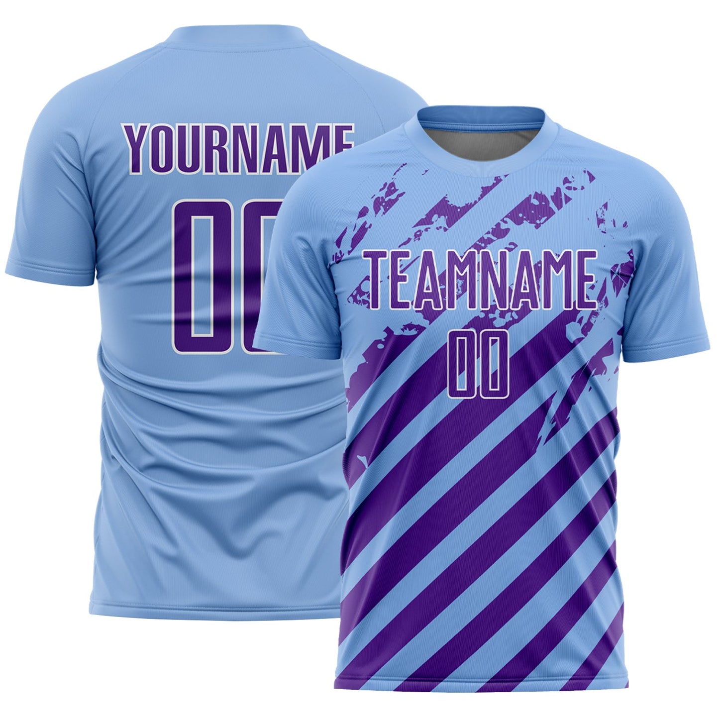 Custom Light Blue Purple-White Distressed Diagonal Stripe Pattern Sports Sublimation Soccer Uniform Jersey - Main View