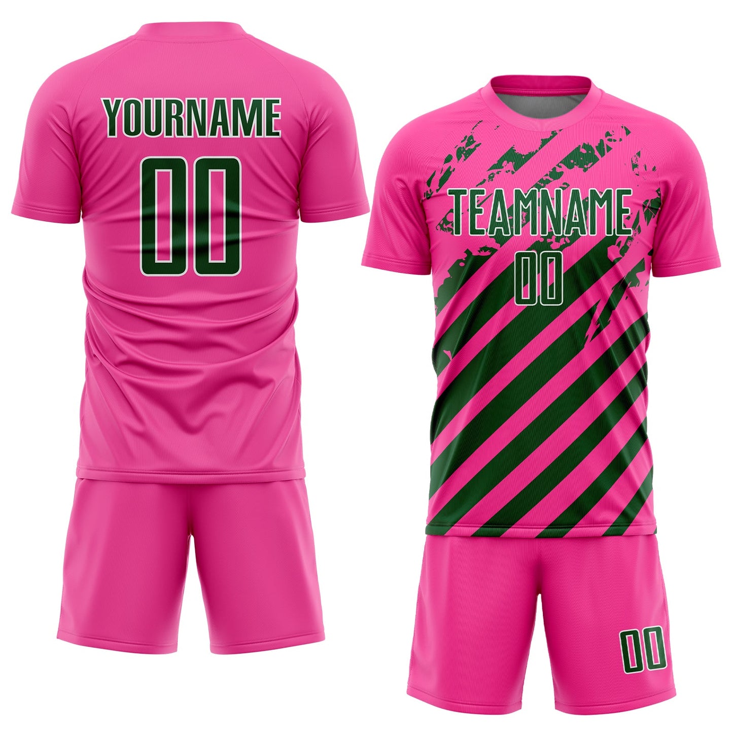 Custom Pink Green-White Distressed Diagonal Stripe Pattern Sports Sublimation Soccer Uniform Jersey view 2