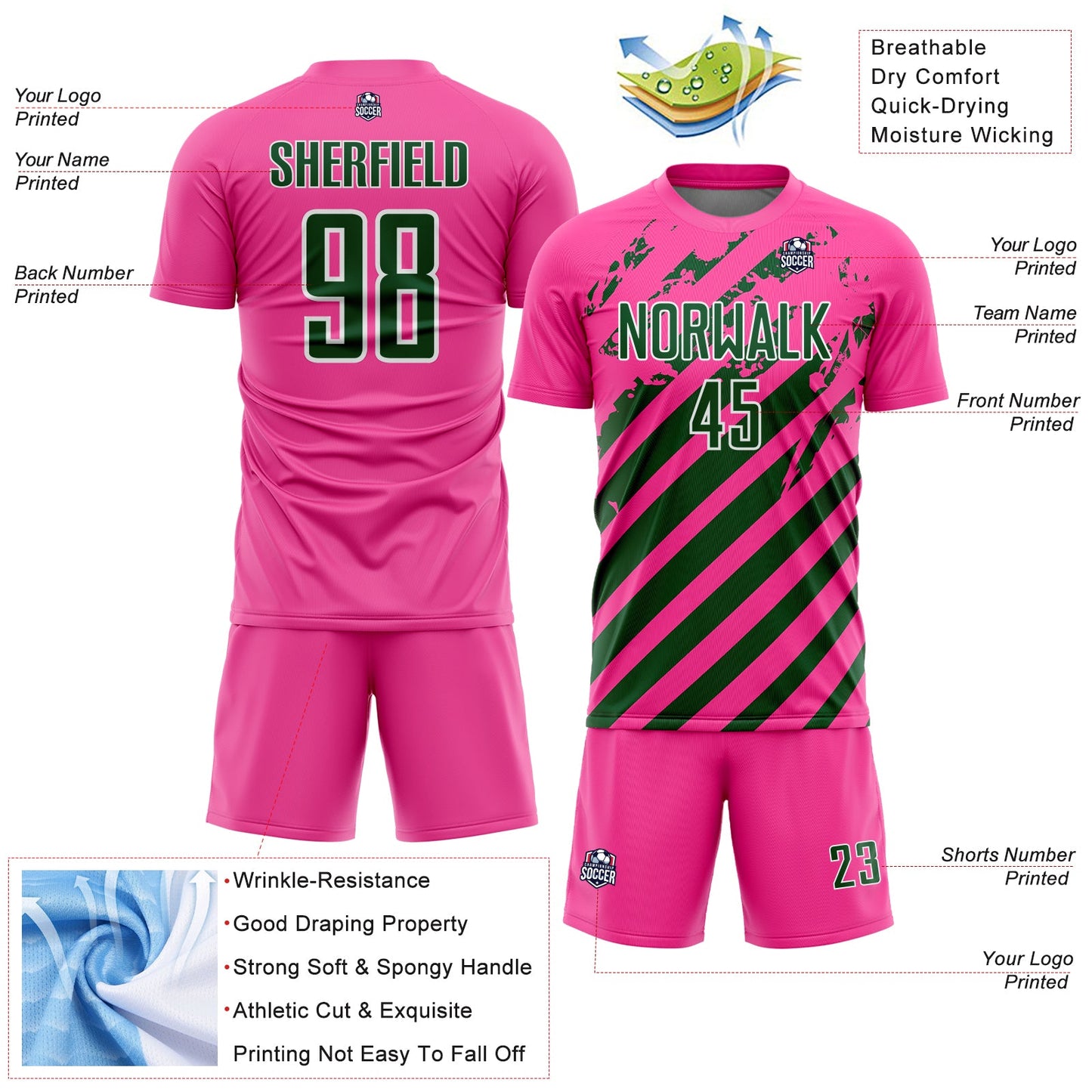 Custom Pink Green-White Distressed Diagonal Stripe Pattern Sports Sublimation Soccer Uniform Jersey view 4