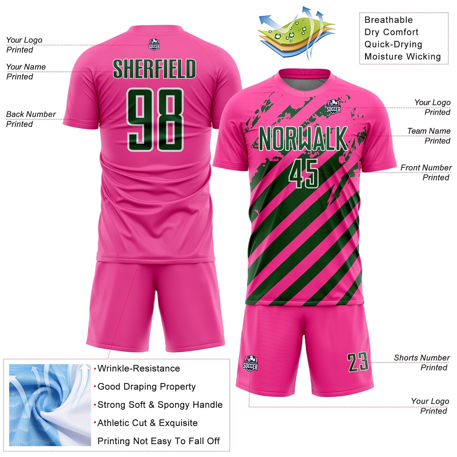 Custom Pink Green-White Distressed Diagonal Stripe Pattern Sports Sublimation Soccer Uniform Jersey view 4