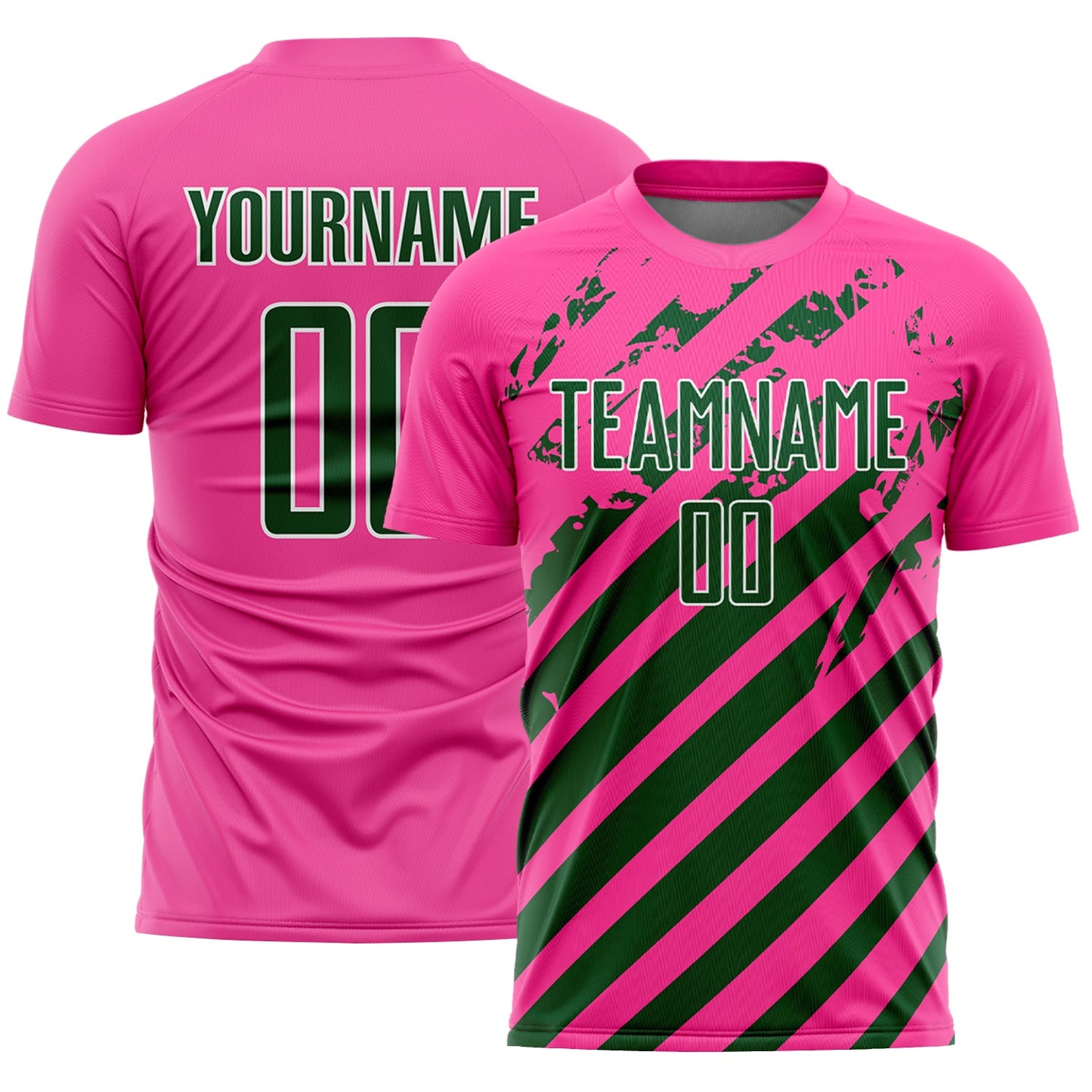 Custom Pink Green-White Distressed Diagonal Stripe Pattern Sports Sublimation Soccer Uniform Jersey - Main View