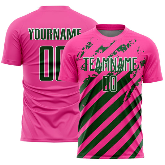 Custom Pink Green-White Distressed Diagonal Stripe Pattern Sports Sublimation Soccer Uniform Jersey - Main View
