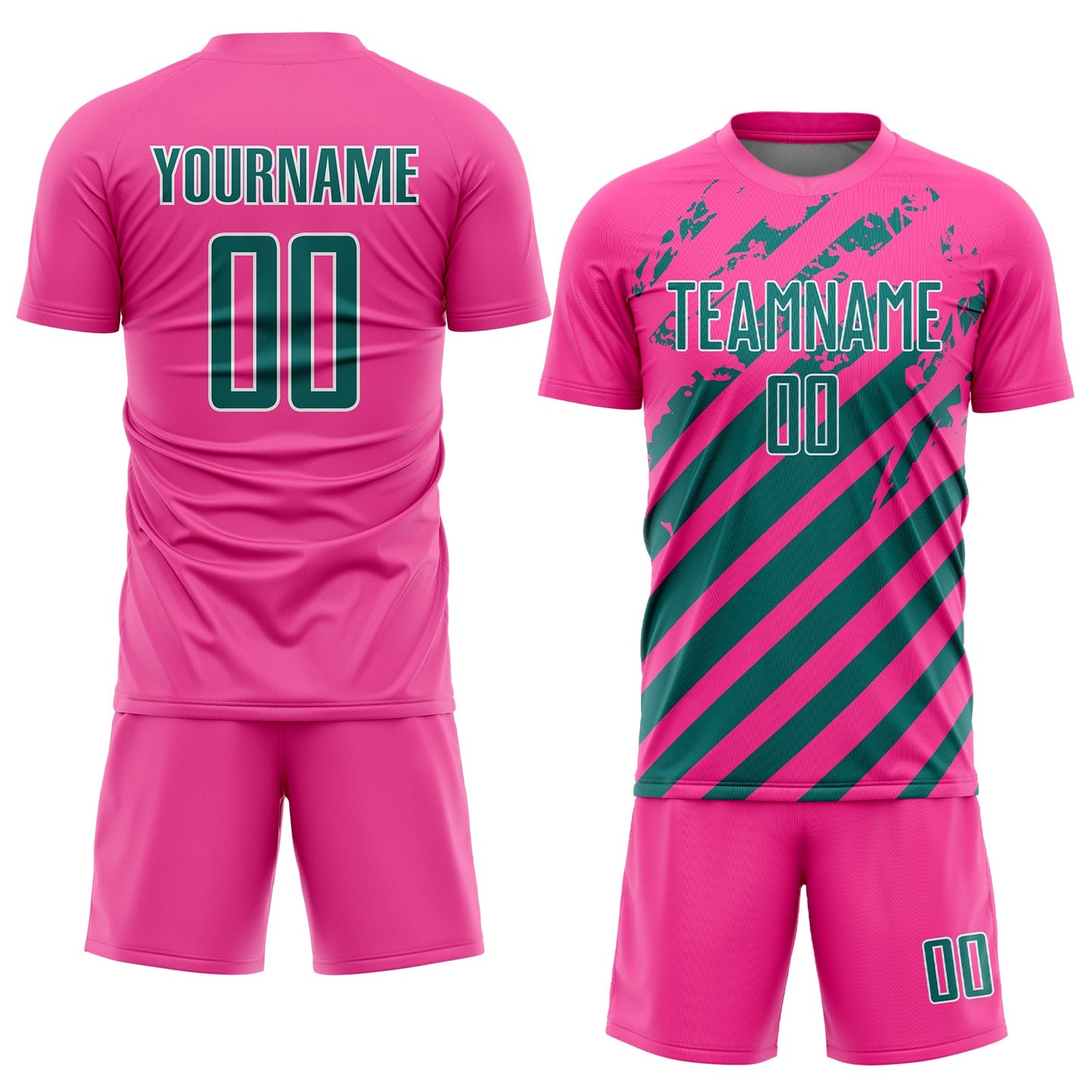 Custom Pink Teal-White Distressed Diagonal Stripe Pattern Sports Sublimation Soccer Uniform Jersey view 2