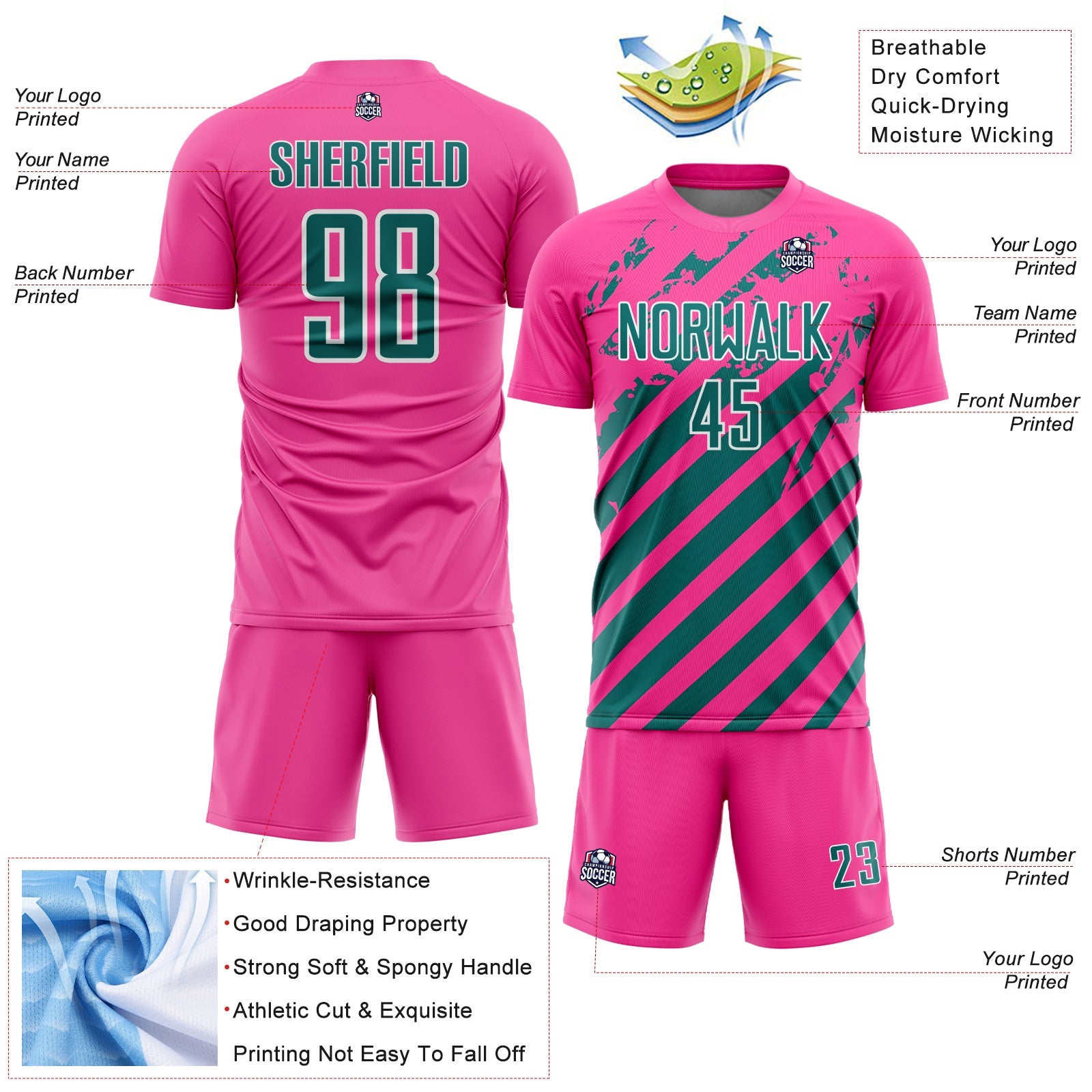 Custom Pink Teal-White Distressed Diagonal Stripe Pattern Sports Sublimation Soccer Uniform Jersey view 4