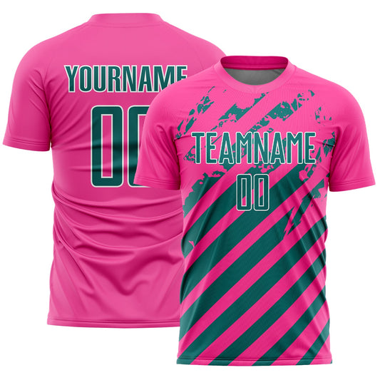 Custom Pink Teal-White Distressed Diagonal Stripe Pattern Sports Sublimation Soccer Uniform Jersey - Main View