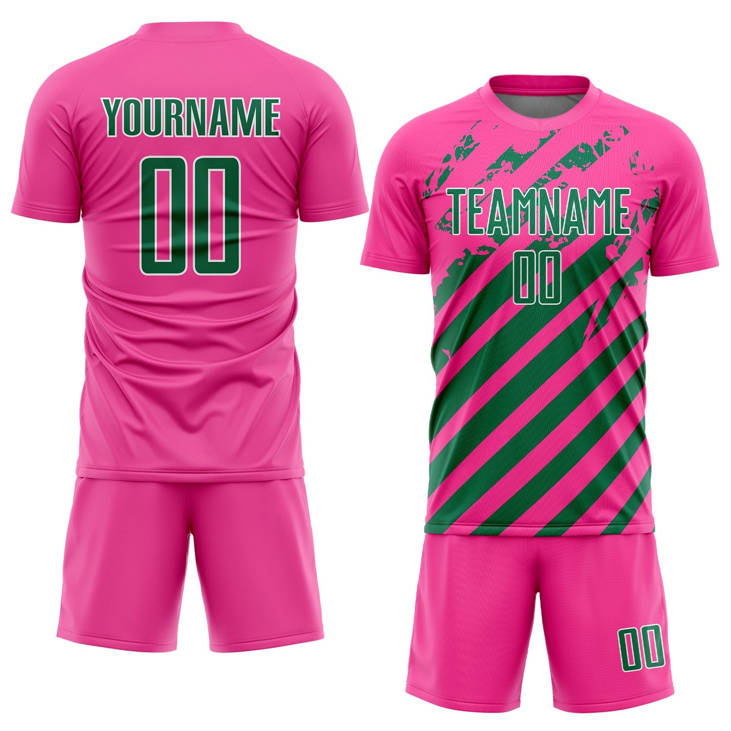 Custom Pink Kelly Green-White Distressed Diagonal Stripe Pattern Sports Sublimation Soccer Uniform Jersey view 2