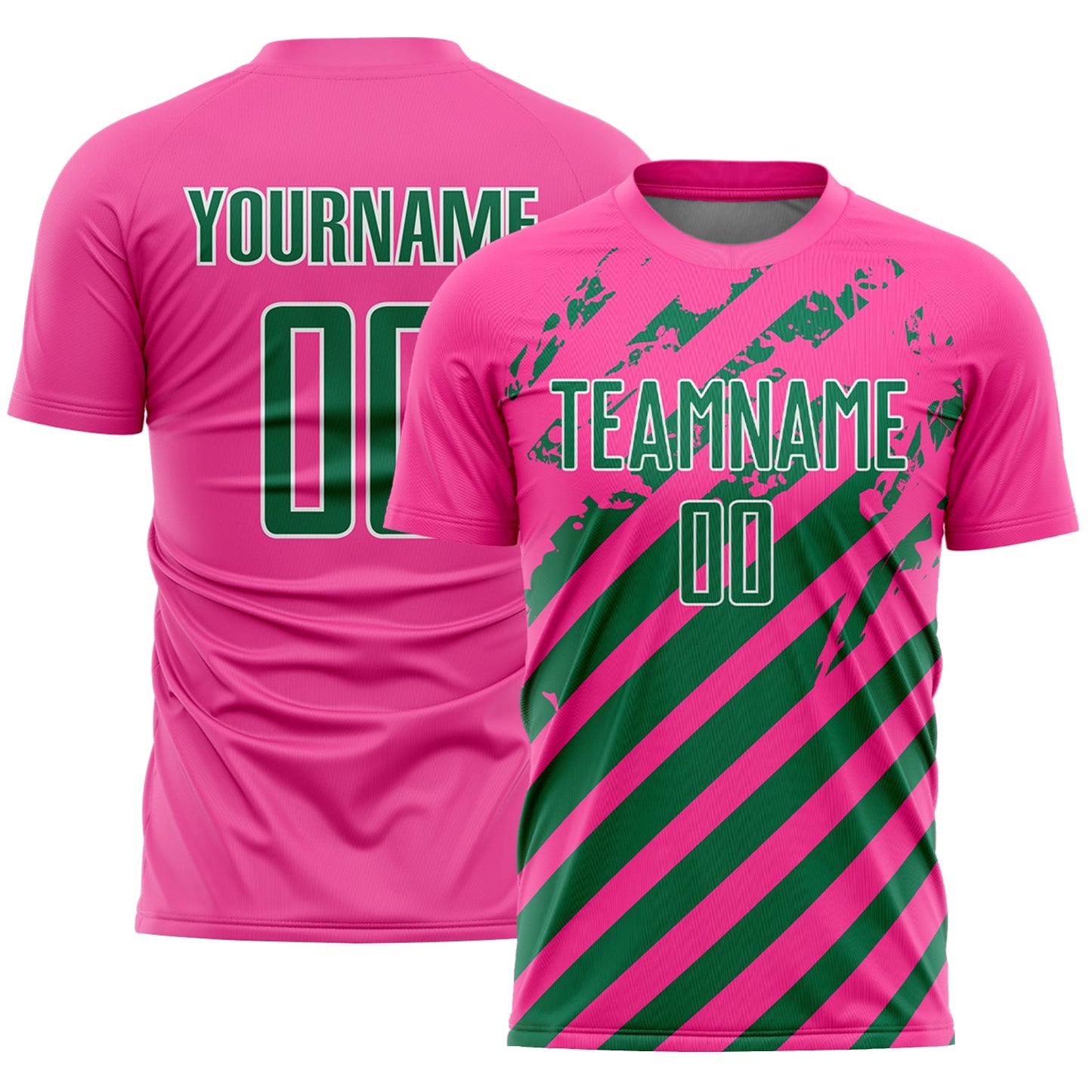 Custom Pink Kelly Green-White Distressed Diagonal Stripe Pattern Sports Sublimation Soccer Uniform Jersey - Main View