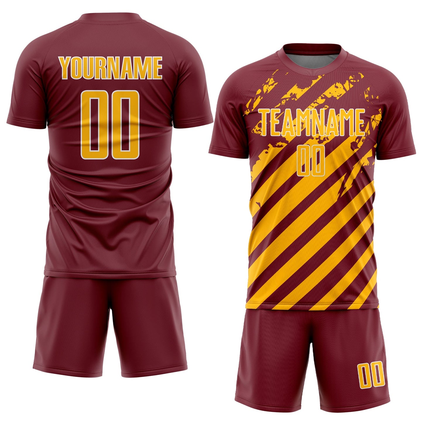 Custom Burgundy Gold-White Distressed Diagonal Stripe Pattern Sports Sublimation Soccer Uniform Jersey view 2