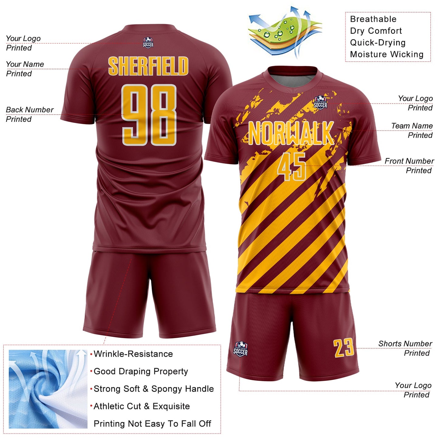 Custom Burgundy Gold-White Distressed Diagonal Stripe Pattern Sports Sublimation Soccer Uniform Jersey view 4
