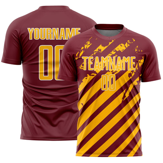 Custom Burgundy Gold-White Distressed Diagonal Stripe Pattern Sports Sublimation Soccer Uniform Jersey - Main View